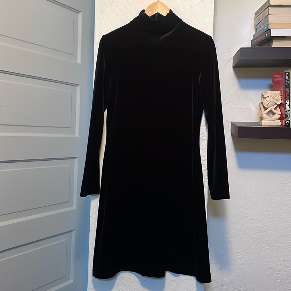 Black velvet dress, sz L, Moda Intl.  turtleneck, long sleeve, knee length